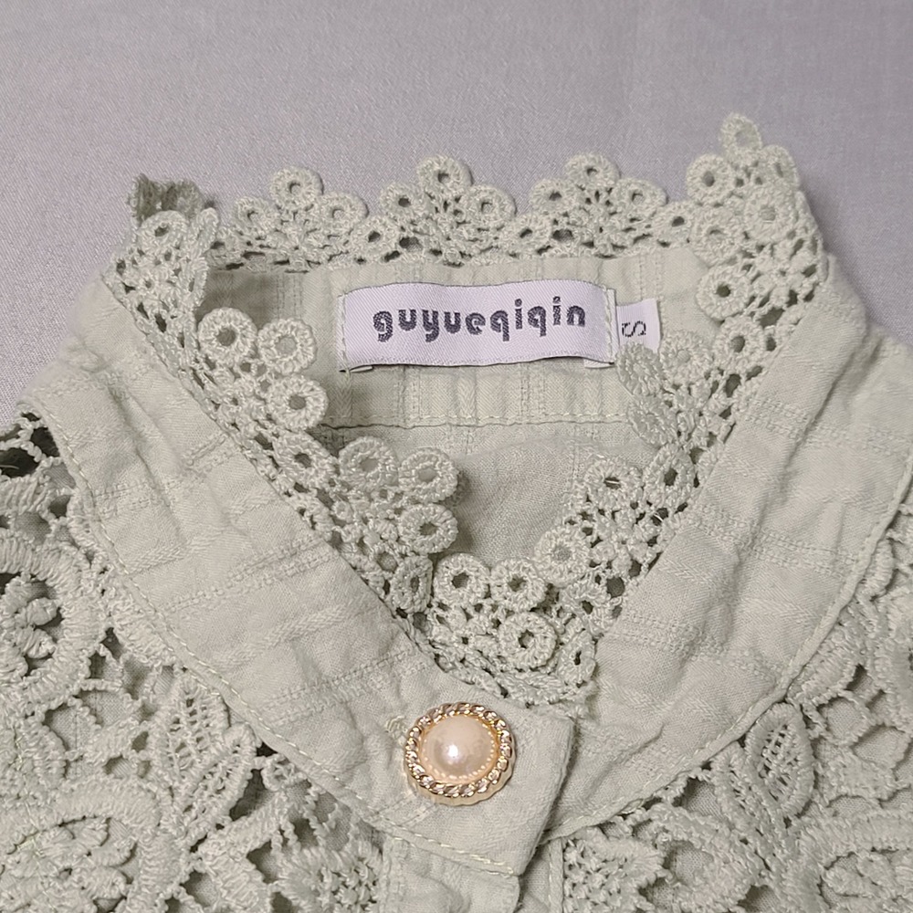 Guyueqiqin Lace Blouse Women S Sage Green Crochet Victorian Pearl Button Pintuck